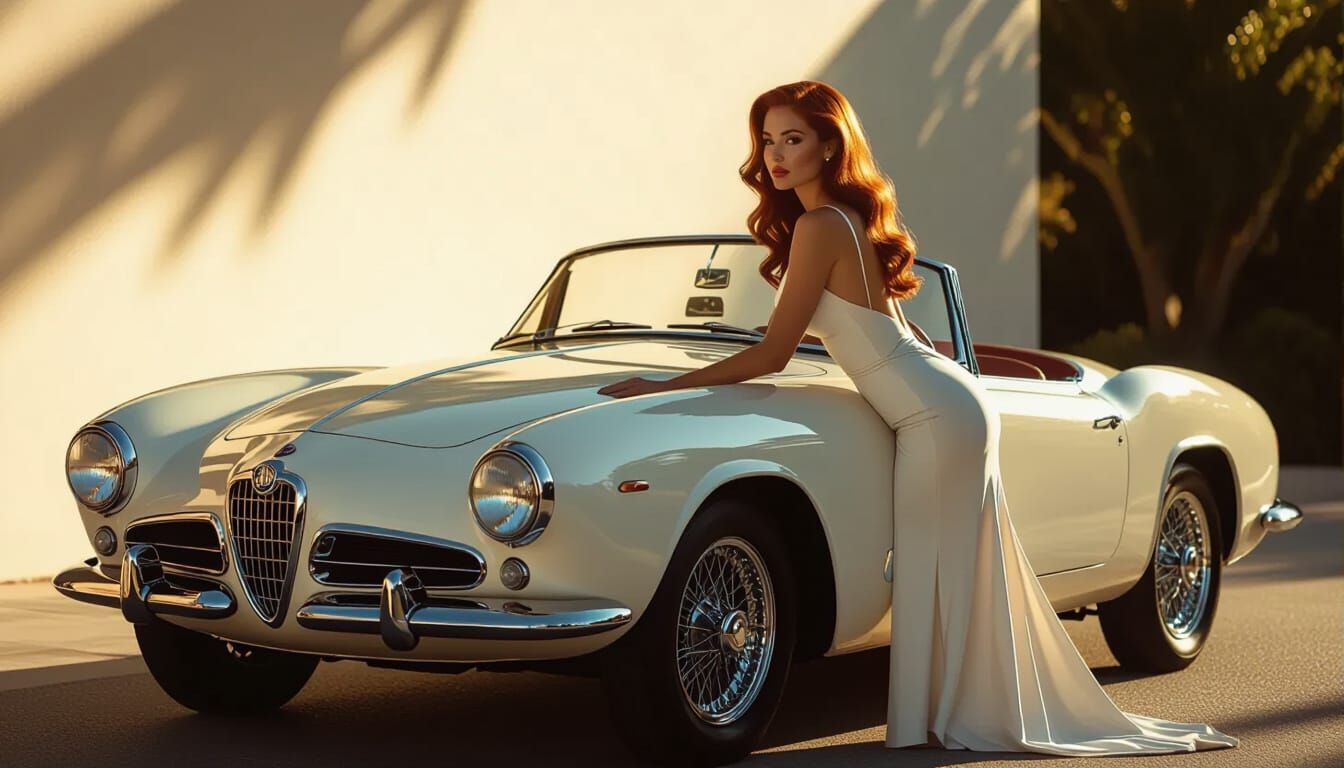 Amber Haired Woman in White Dress Poses with Vintage Alfa Ro...