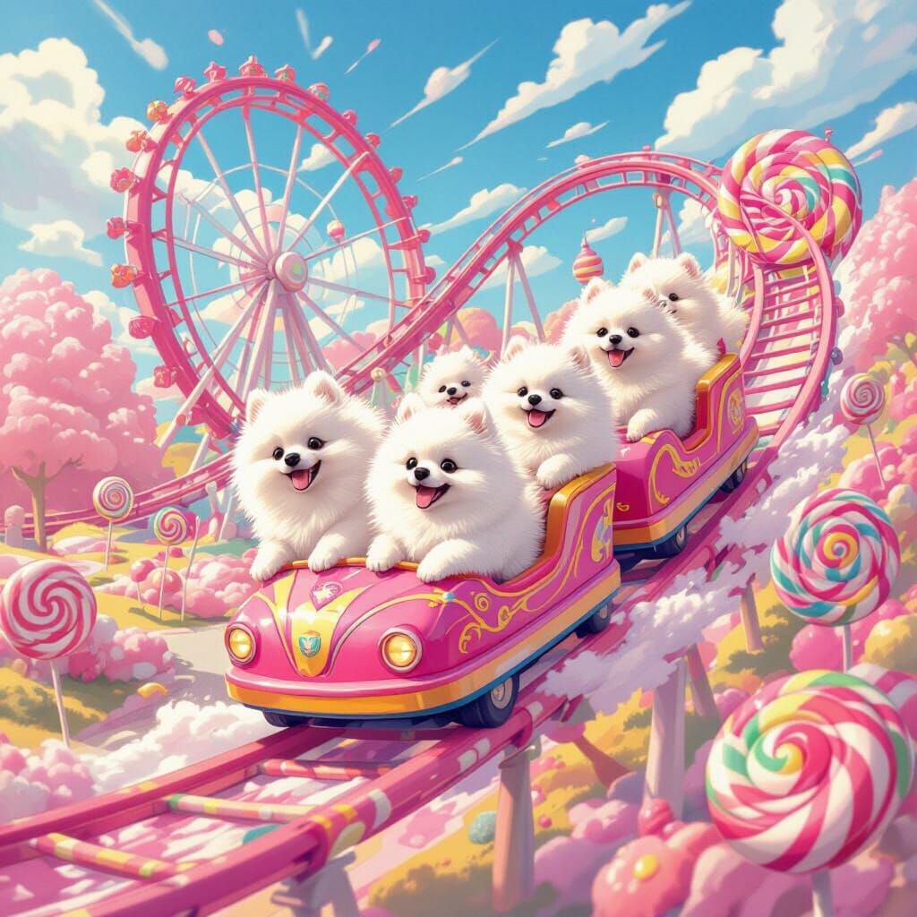 Pomeranians Enjoy Candy Land Roller Coaster Fun