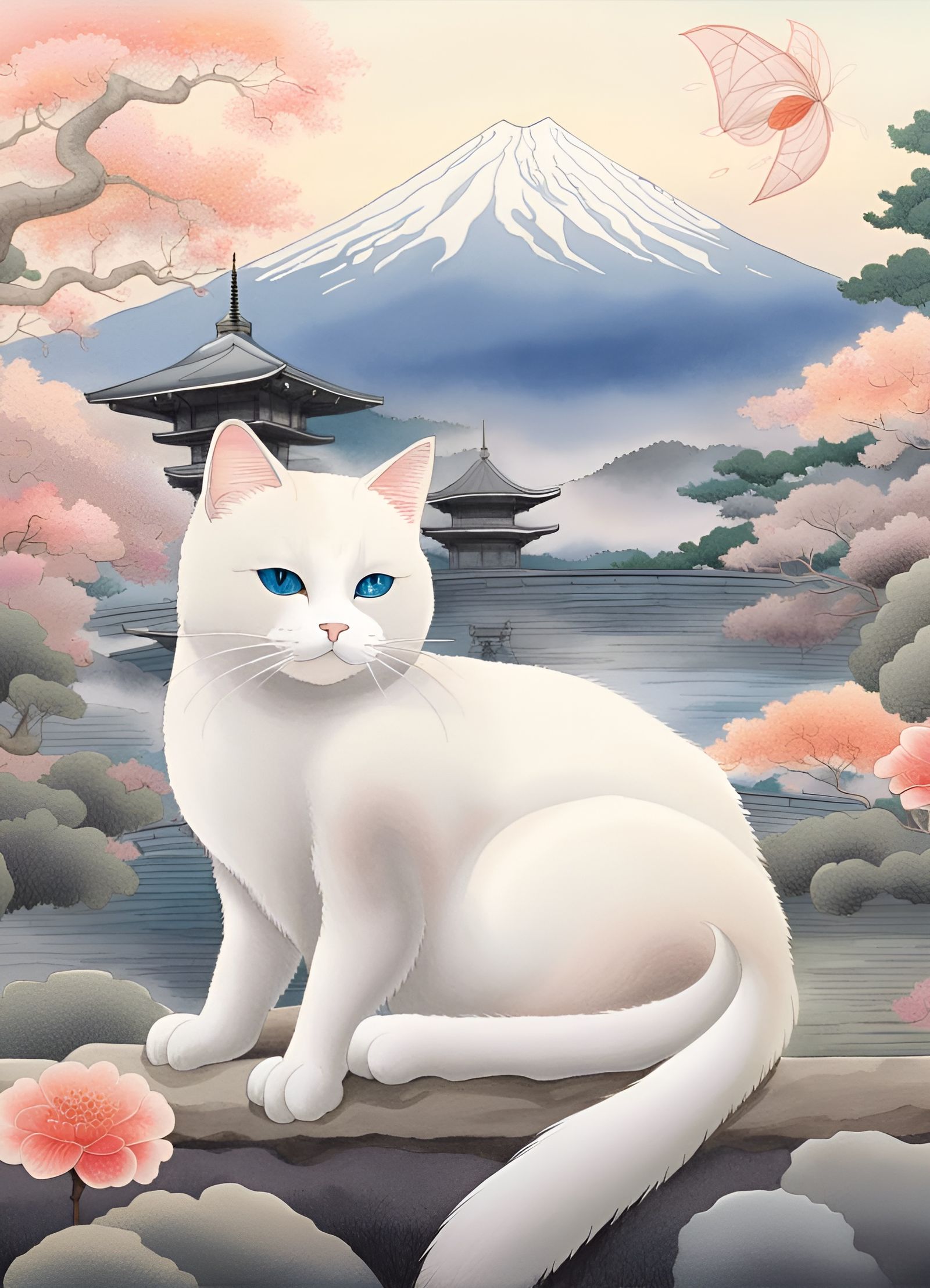 Zen Cat Meditating in Japanese Garden