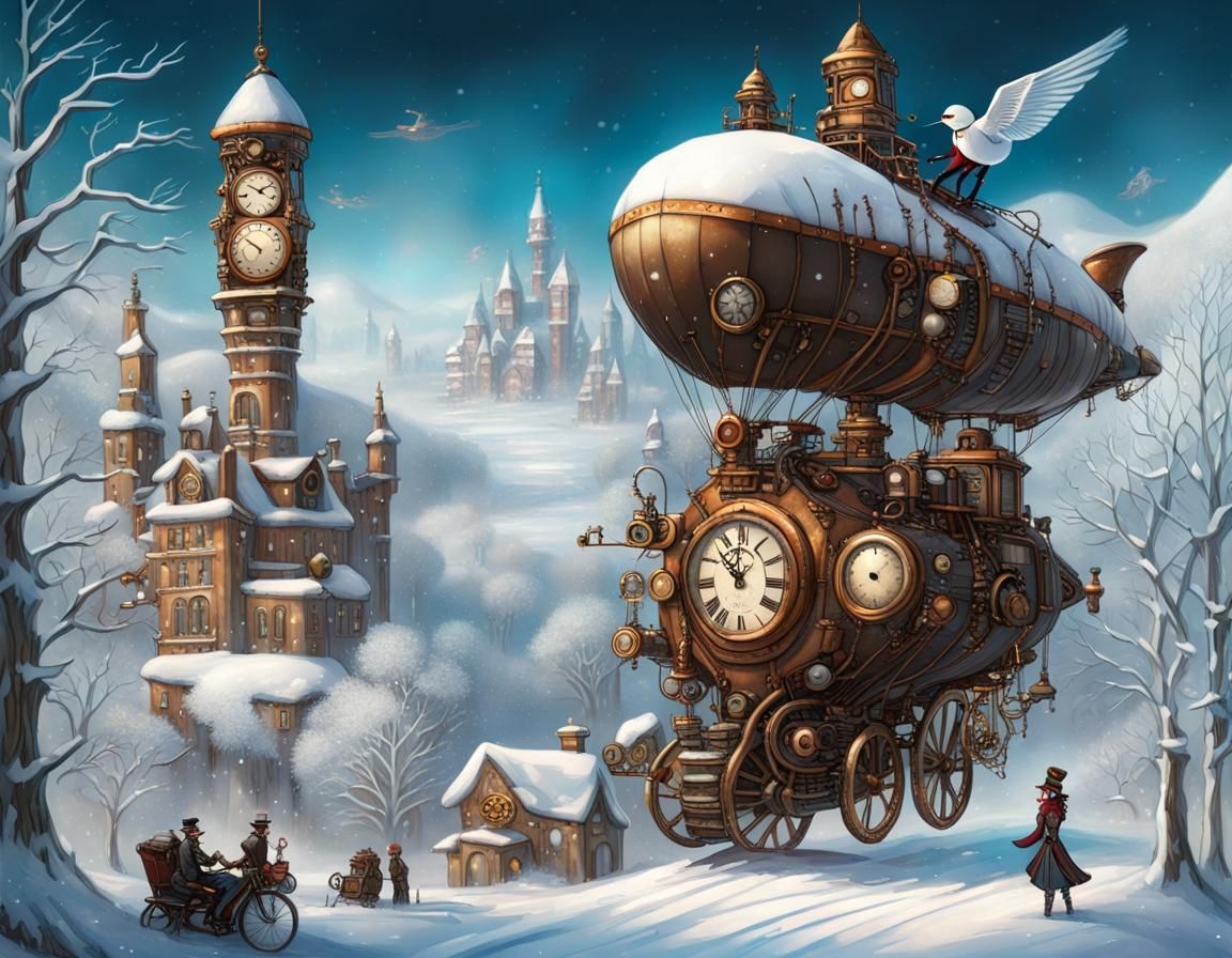 steampunk art, intricate details of steampunk machinery intertwined with the whimsical elements of a winter wonderland, ...