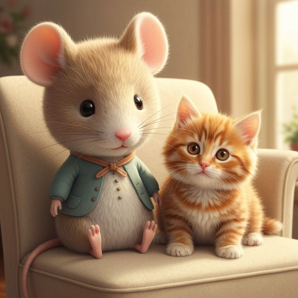 Adorable Plush Mouse and Kitten in Cozy Living Room