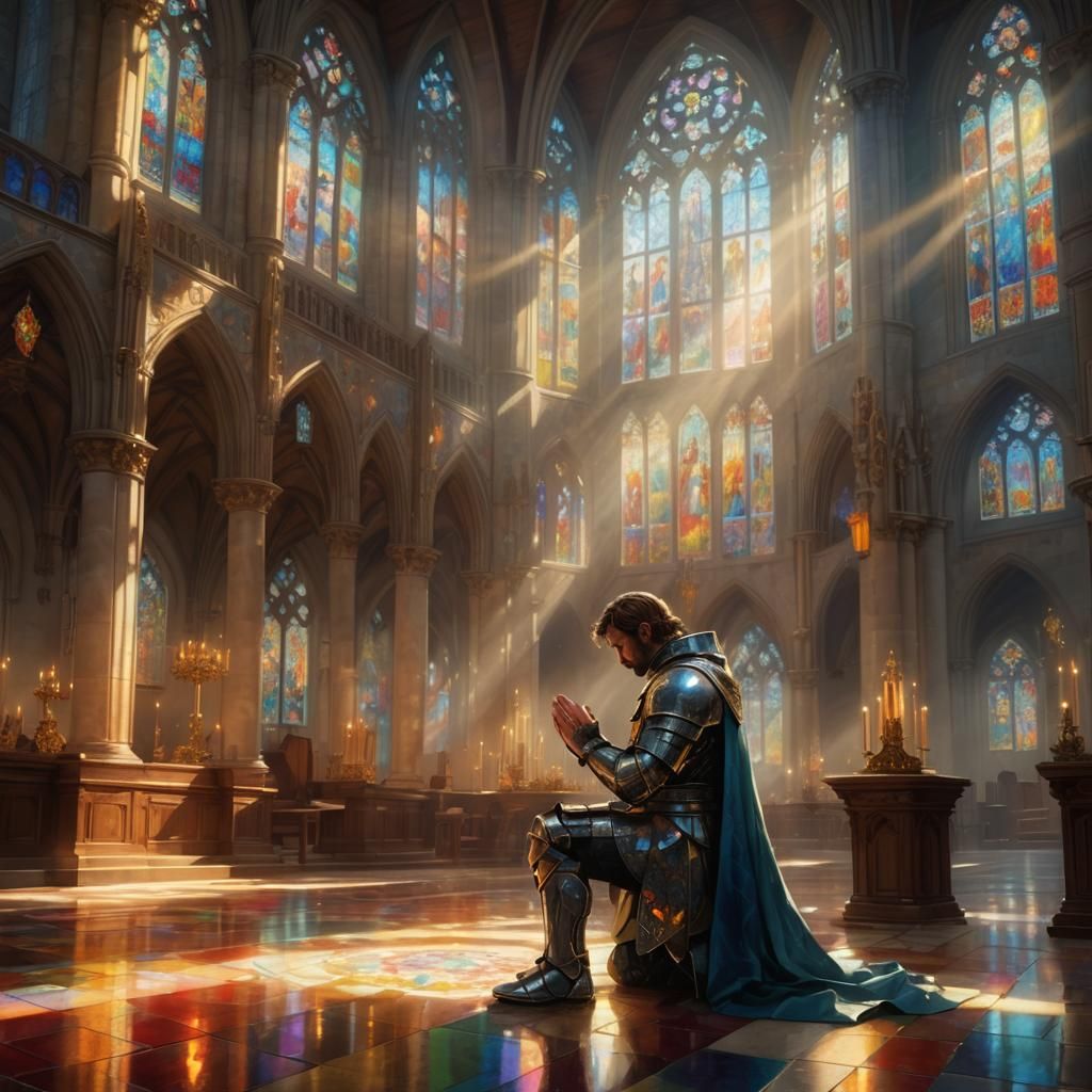 Paladin Knight Kneeling in Prayer, Stained Glass Art
