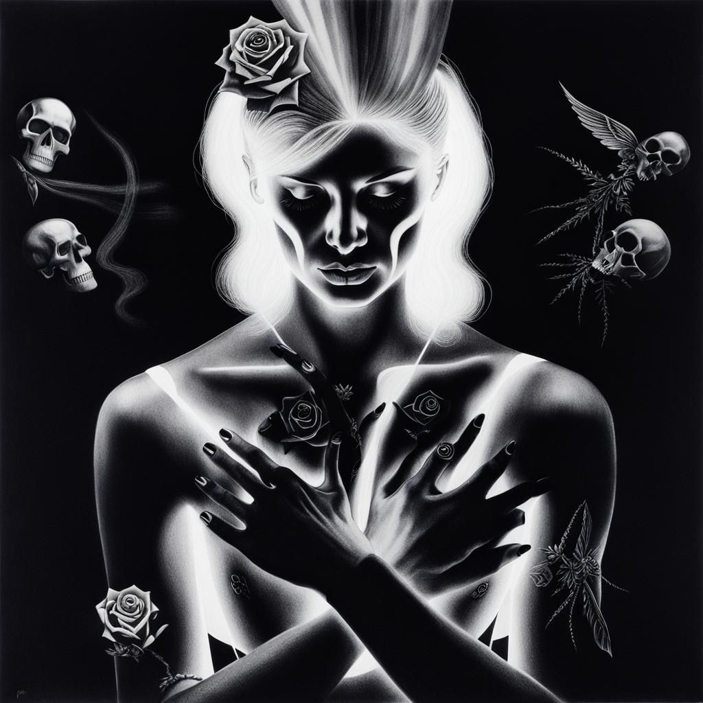 Surreal Crayon Drawing: Goth Woman in Darkness