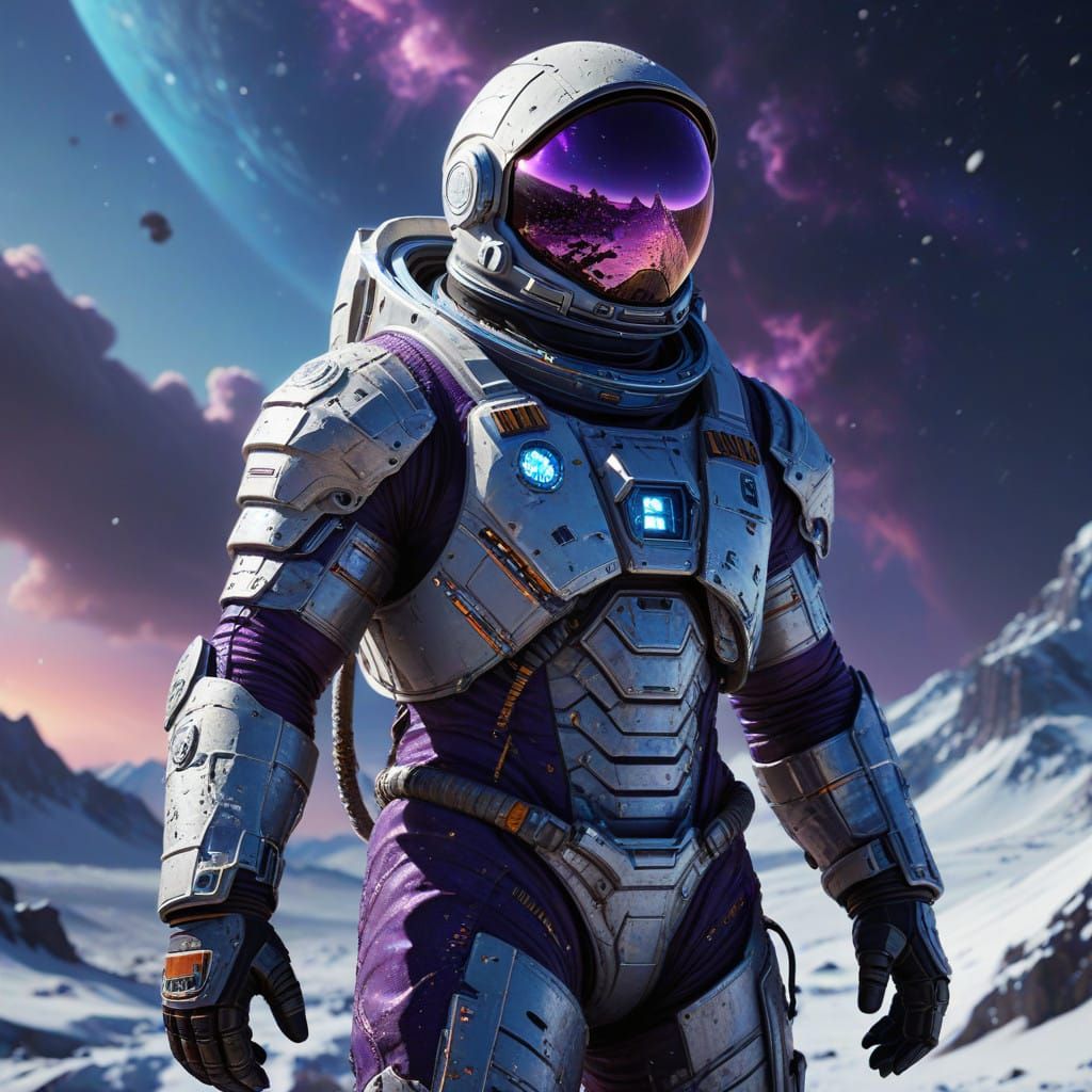 Cosmic Astronaut Hero in Winter Evening Sky