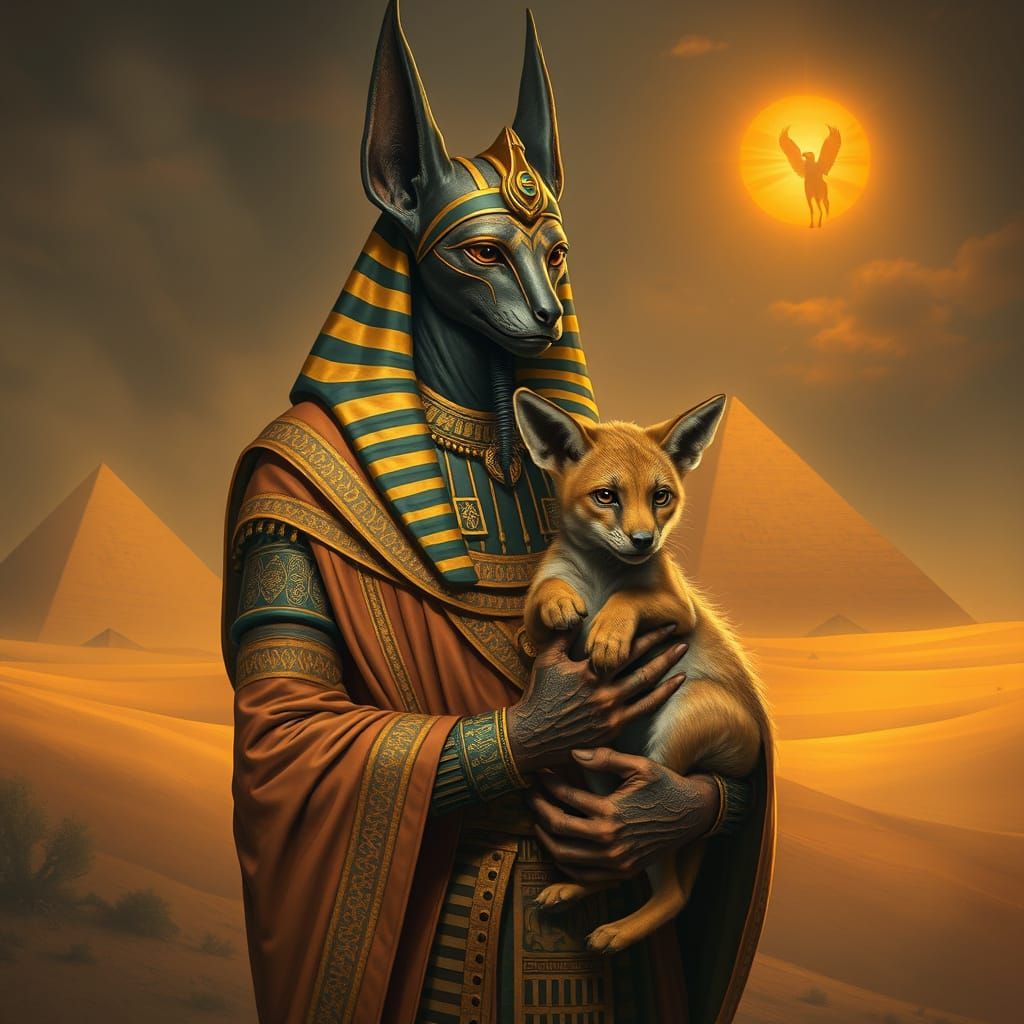 Anubis with Jackal in Mystical Desert Landscape