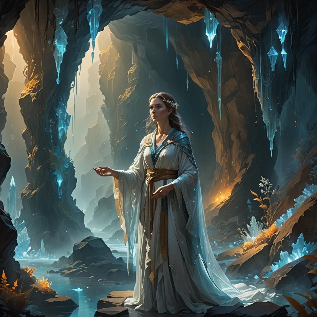 Enchanted Cave: Maiden in Bioluminescent Grotto