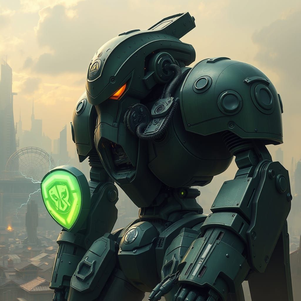 Menacing Green Steel Robot in Dystopian Future