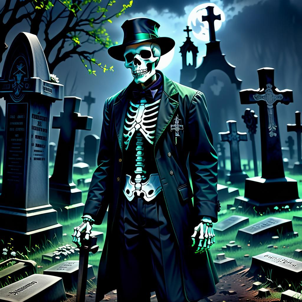 Ethereal Skeleton Gravedigger in a Cemetery