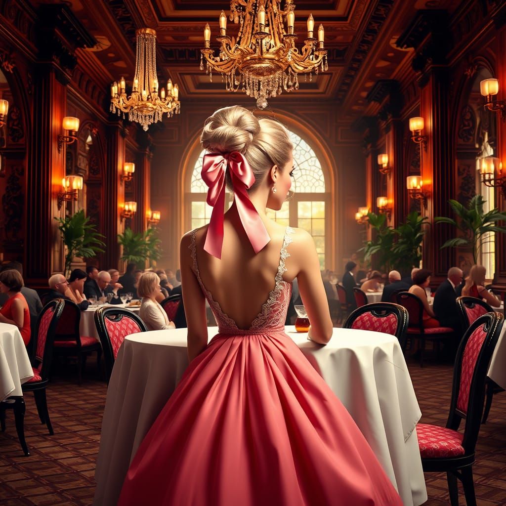 Elegant Blonde in 1950s Dress, Surrounded by Luxury