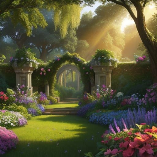 Serene Garden of Eden with Lush Foliage and Rainbow