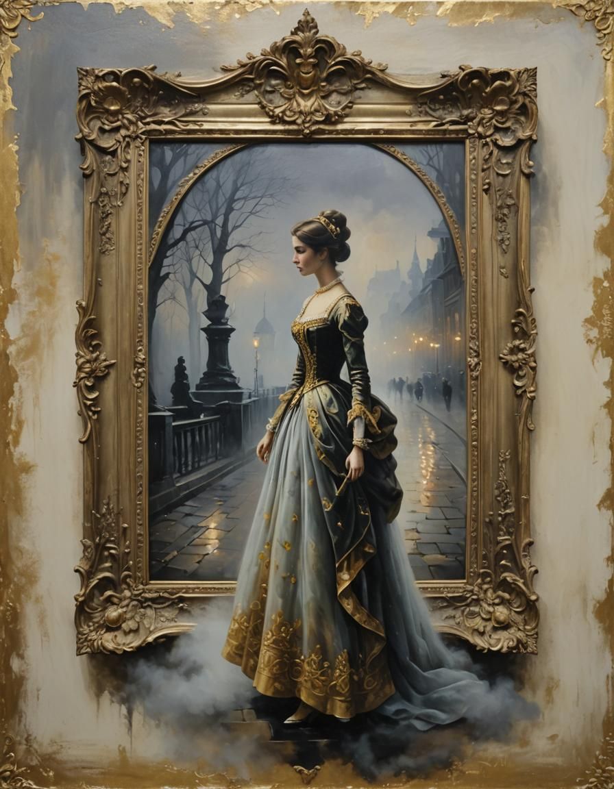 Woman's Silhouette in Foggy Painting with Gold Frame