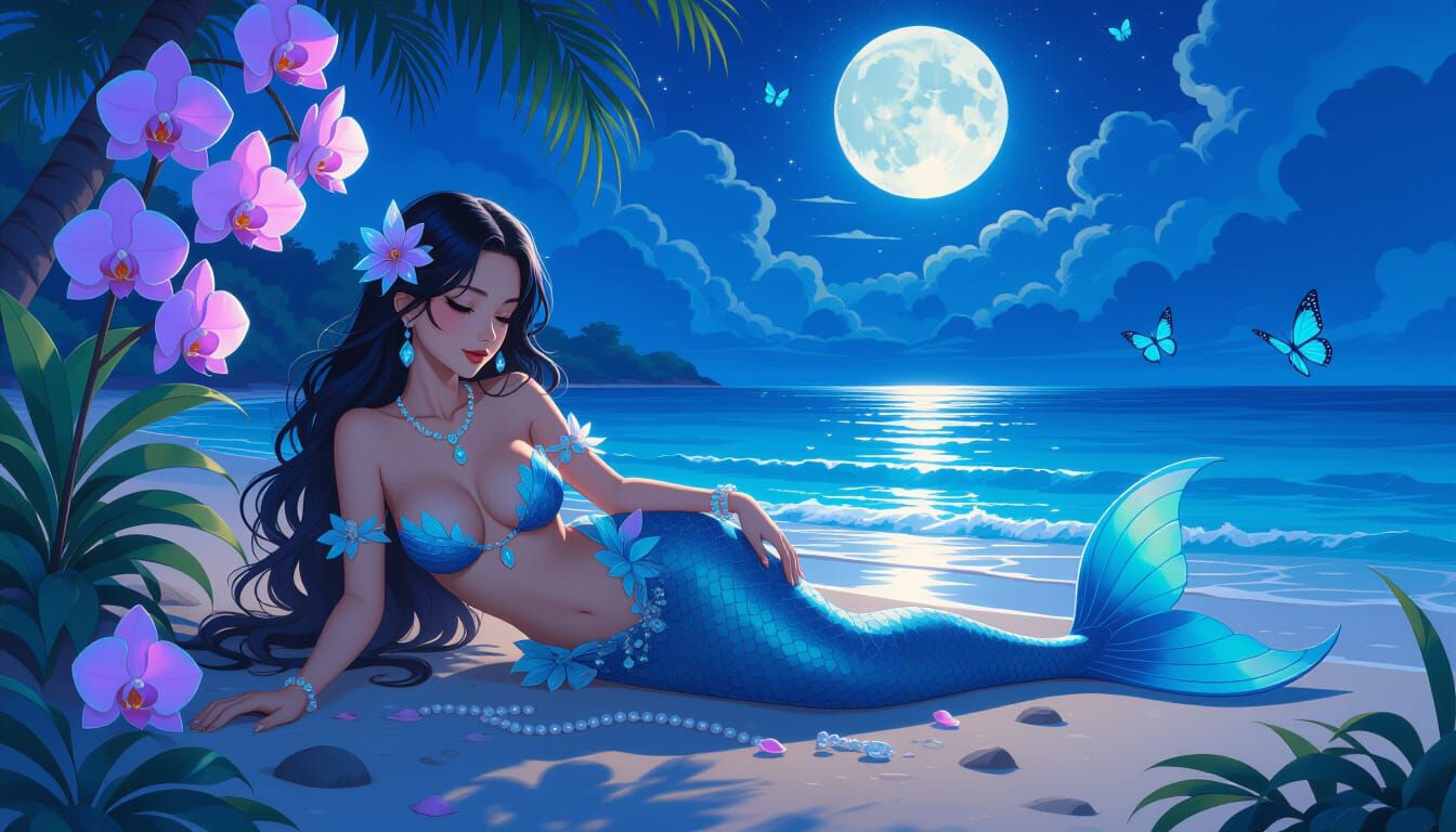 Tropical Mermaid with Bioluminescent Flora in Cinematic Styl...