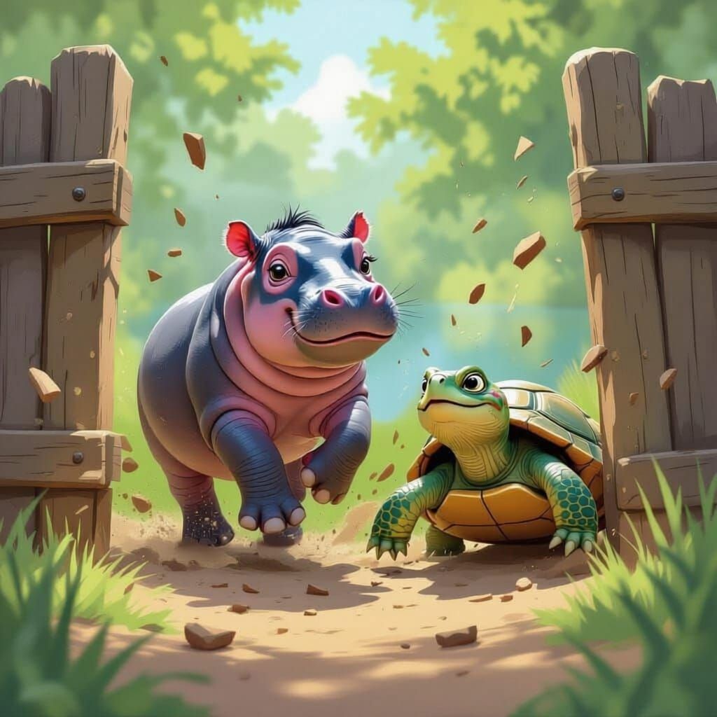 Baby Hippo and Turtle Escape Zoo Fence