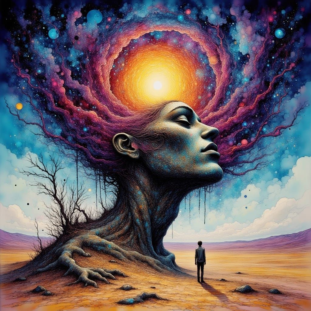 Colossal Stone Head in Cosmic Desert