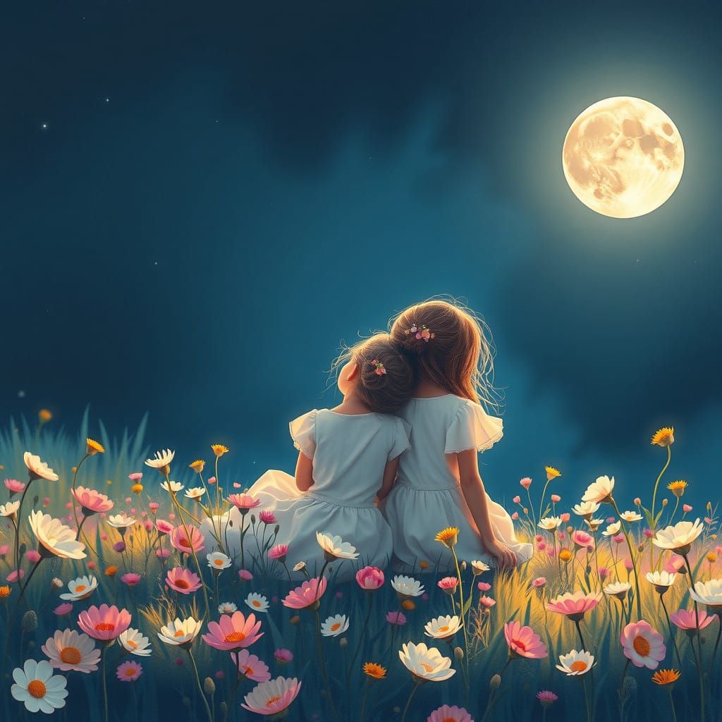 Dreamy Moonlit Meadow Scene, Two Girls in Contemplation