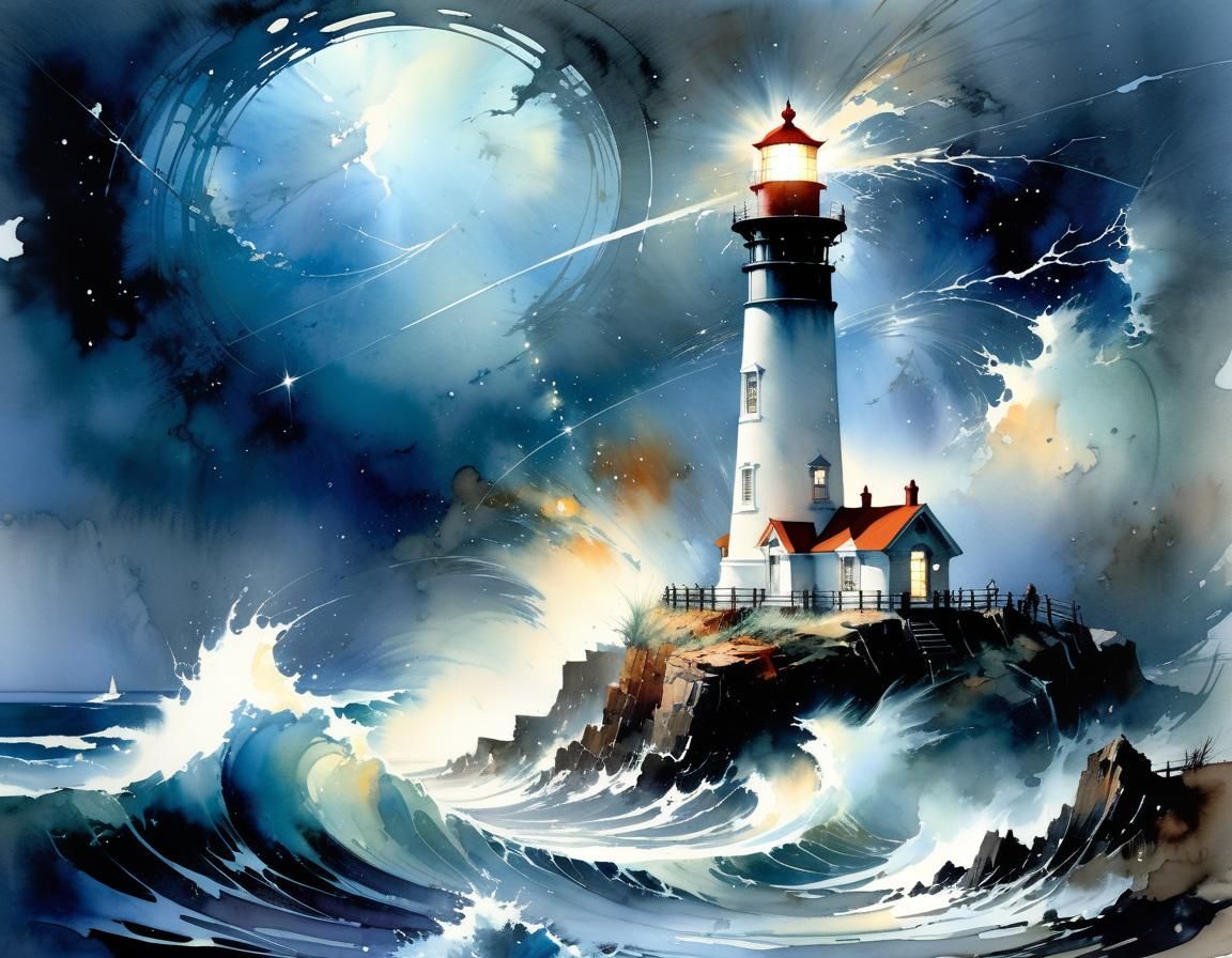 Dramatic Lighthouse Storm Watercolor