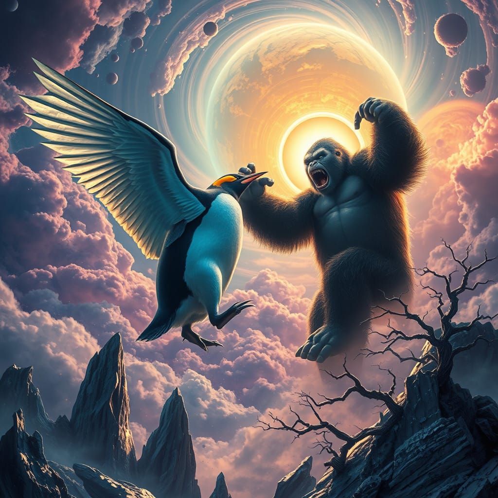 Epic Penguin vs King Kong Battle on a Glowing Alien Planet
