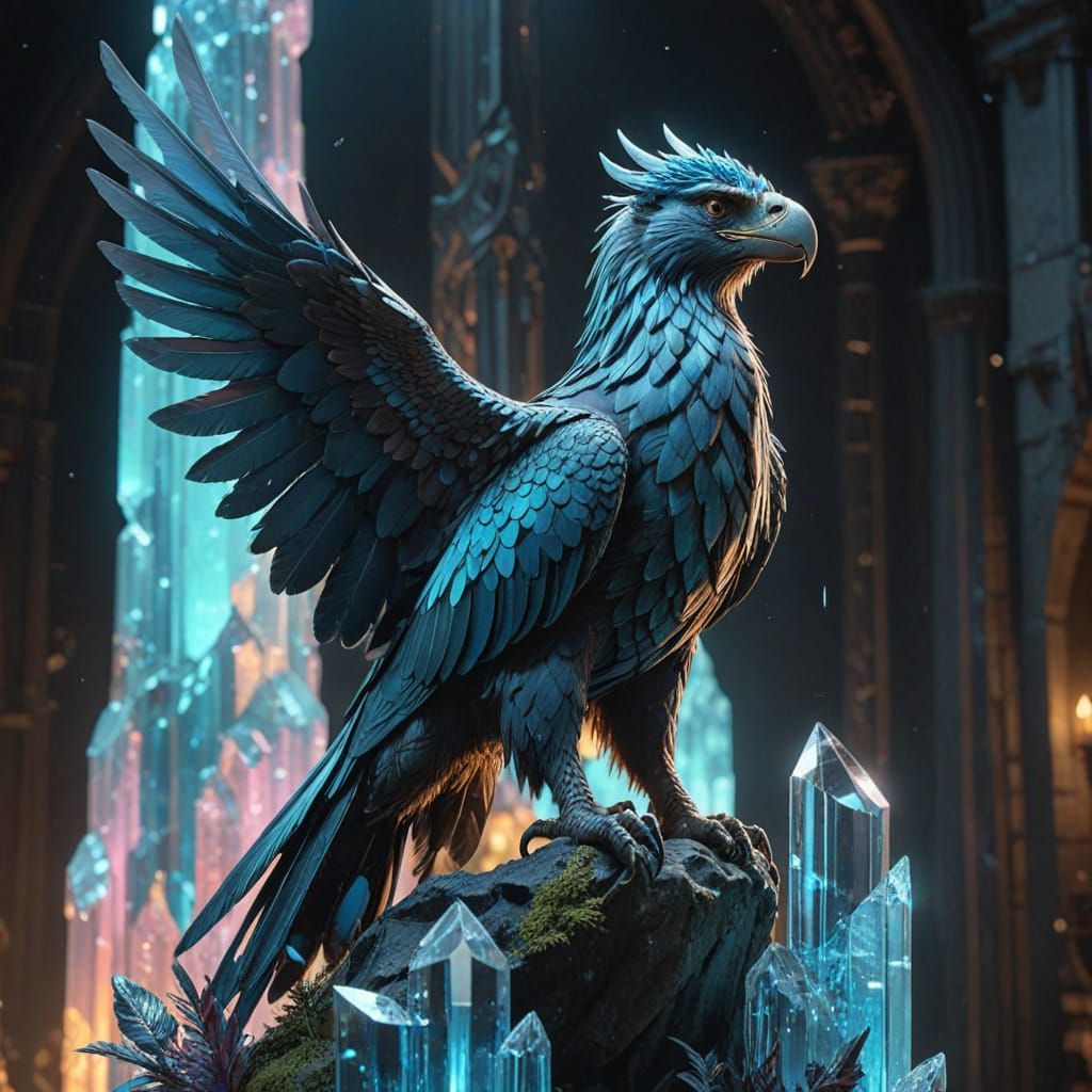 Bioluminescent Griffin on Crystal Spire: Dreamlike Digital A...