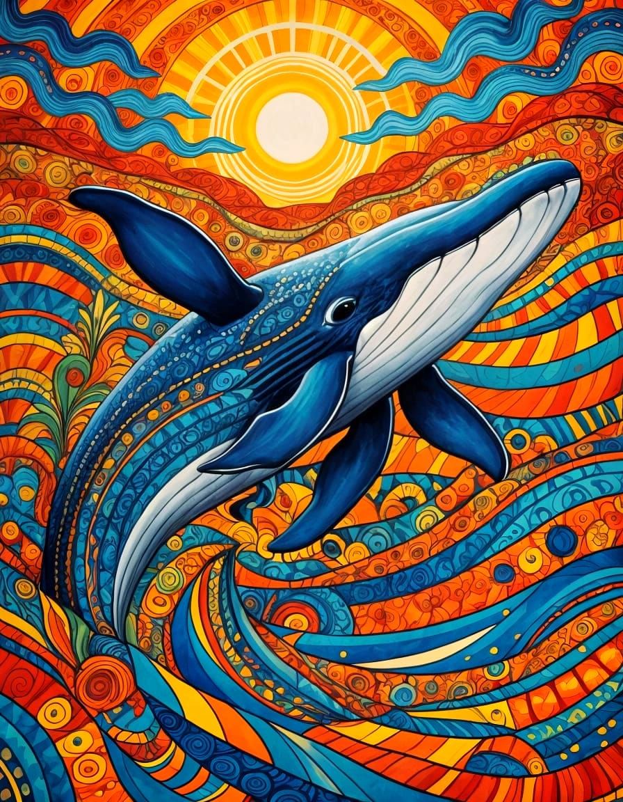 Whimsical Whale in Tingatinga Folk Art Style