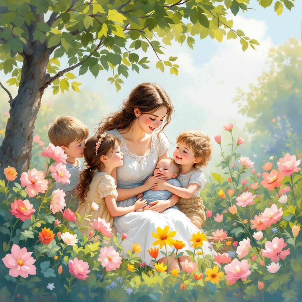Mother Surrounded by Loving Children in Vibrant Garden