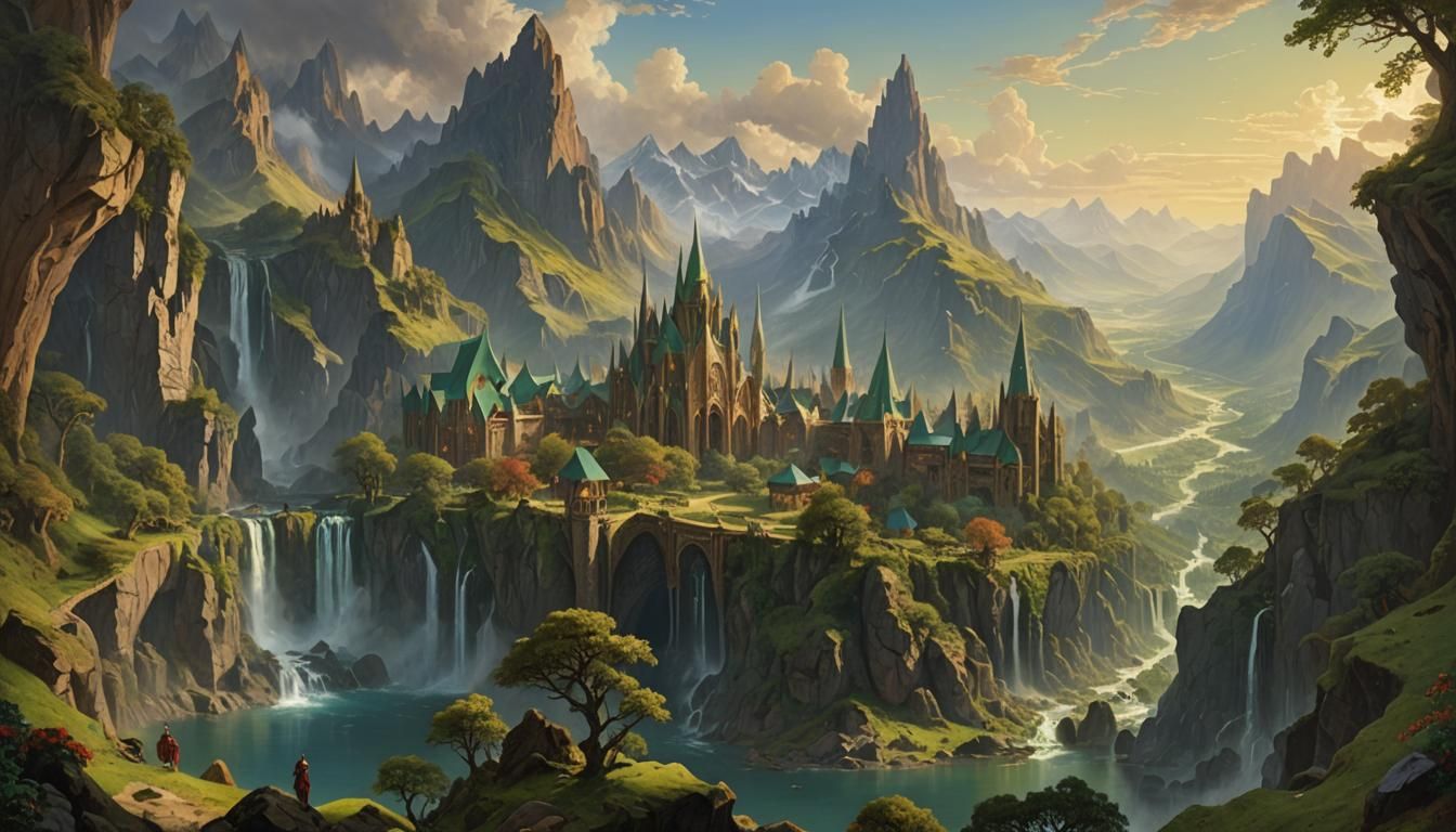 Elven City in Enchanted Mountains: Pre-Raphaelite Painting