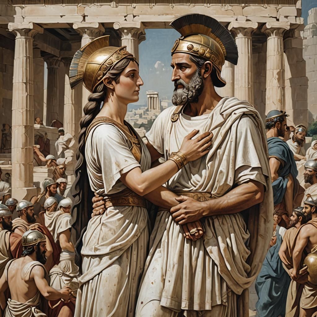 Pericles and Aspasia Embrace After Spartan Attack