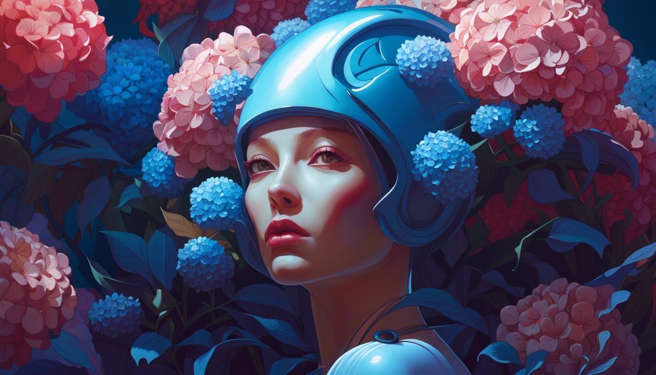 An alien girl with hydrangeas