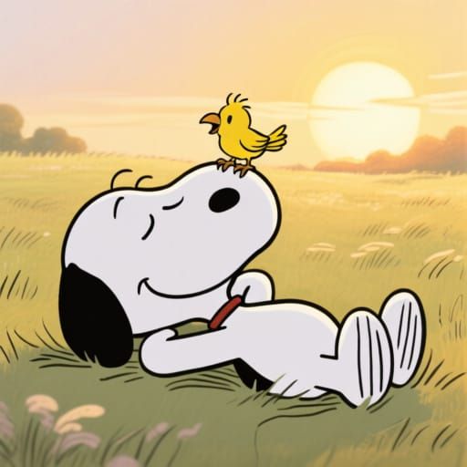 Snoopy and Woodstock Relaxing in a Sunset Meadow
