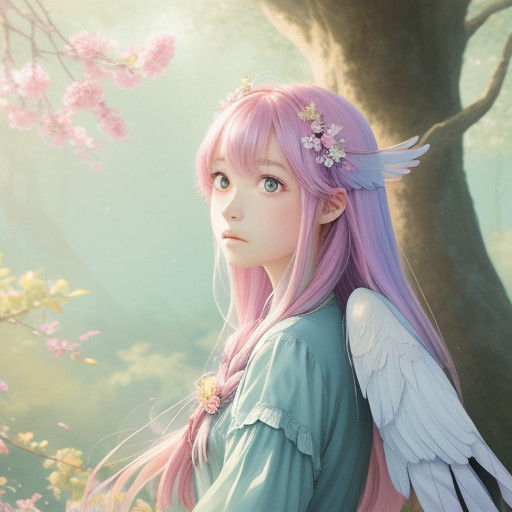 Whimsical Anime Girl with Bird Wings Looks Out at the Sky