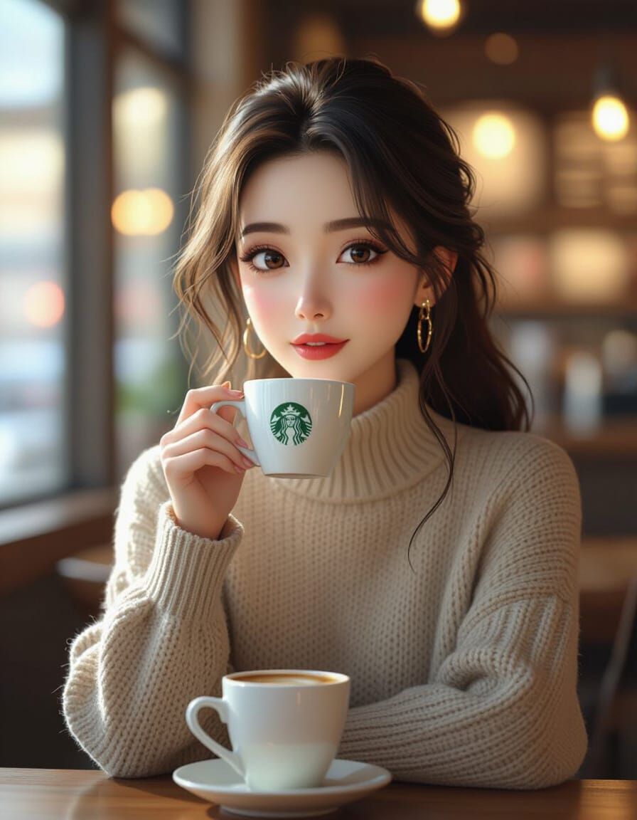 Dilraba Dilmurat Sipping Coffee, 3D Anime Style Portrait
