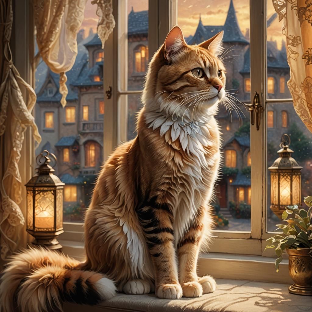 Hyperrealistic Cat in Window Fantasy Scene