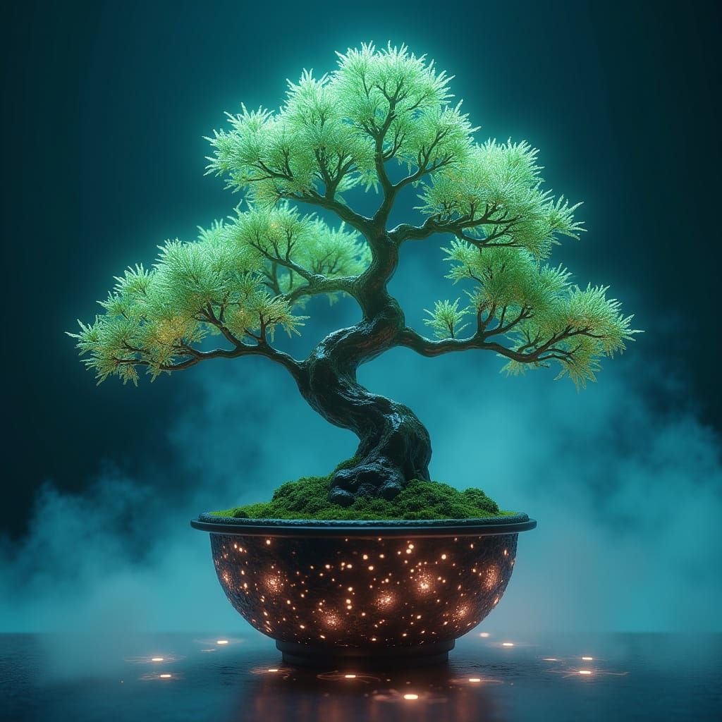 Holographic Bonsai Tree with Emerald to Cyan Gradient