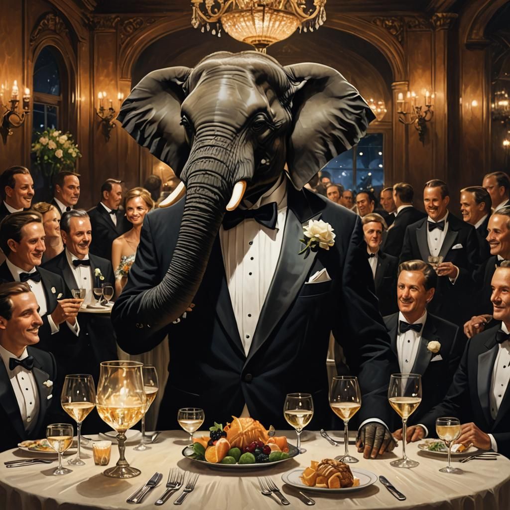Anthropomorphic Elephant at Dinner Party: Radiant Digital Ar...