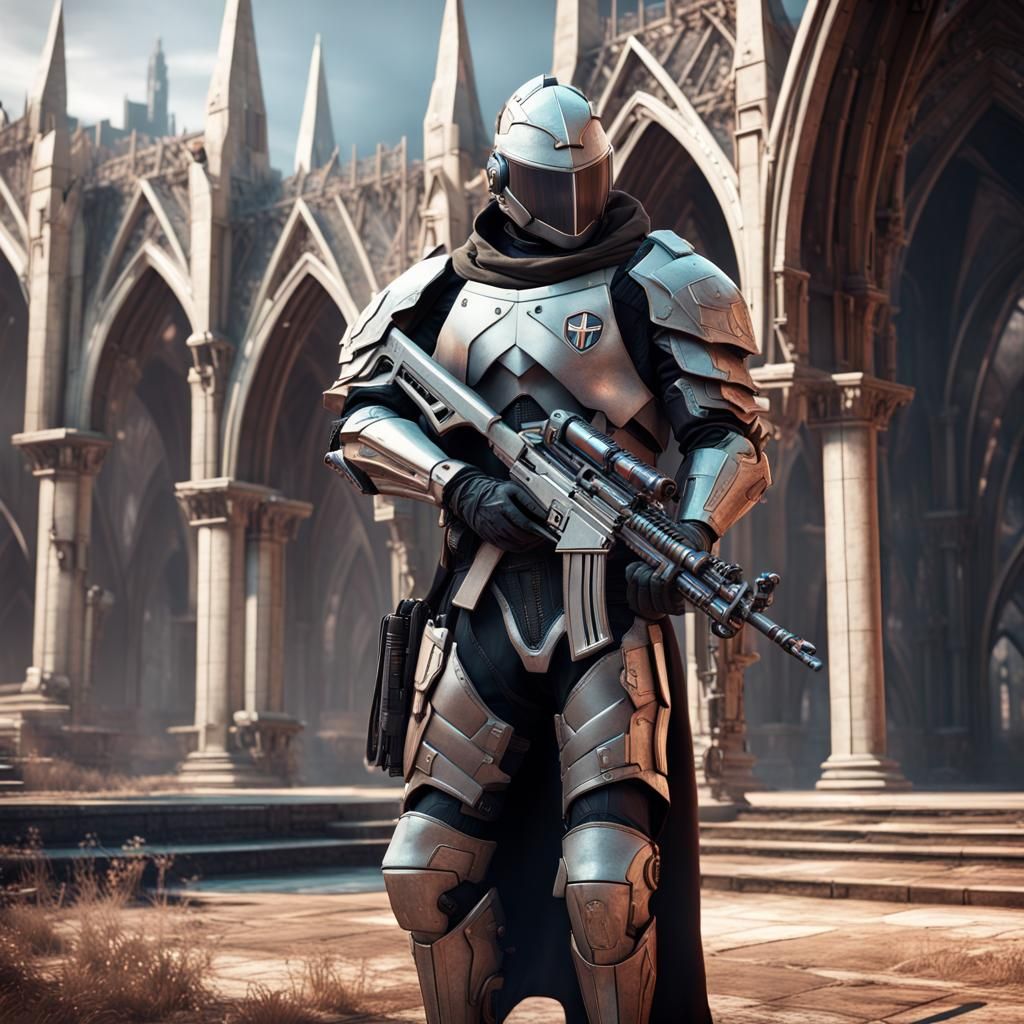 Futuristic Templar Knight with Assault Rifle