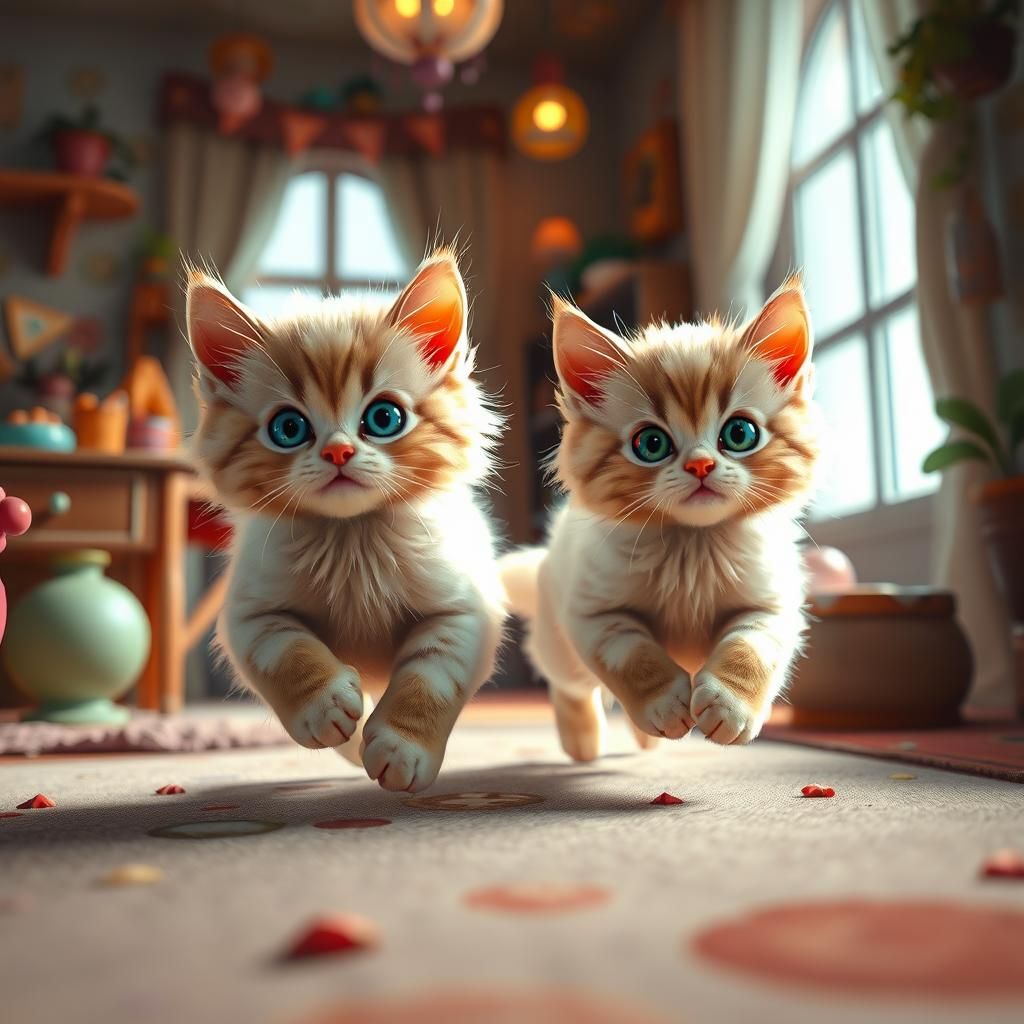 Fluffy Kittens Play in Dreamlike Home, Digital Painting