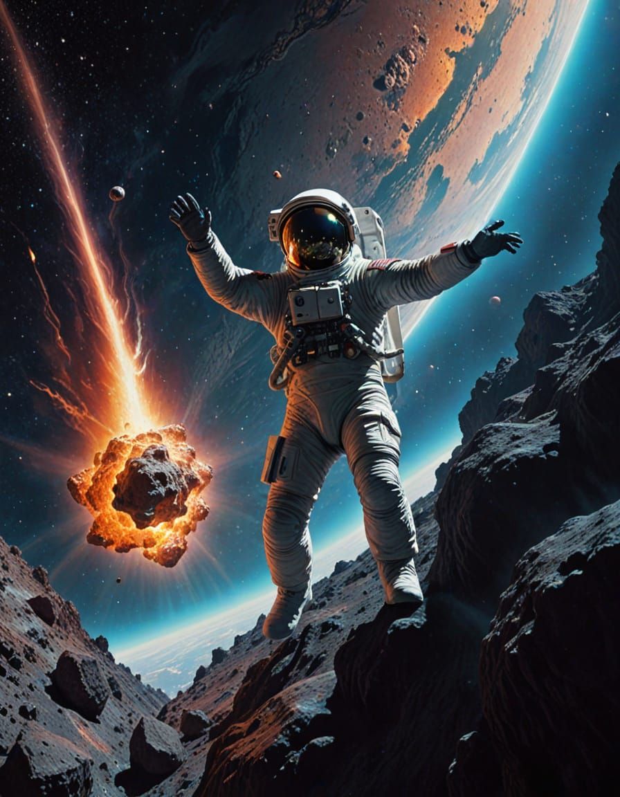 Astronaut Reaches for Crystal Asteroid in Swirling Nebula