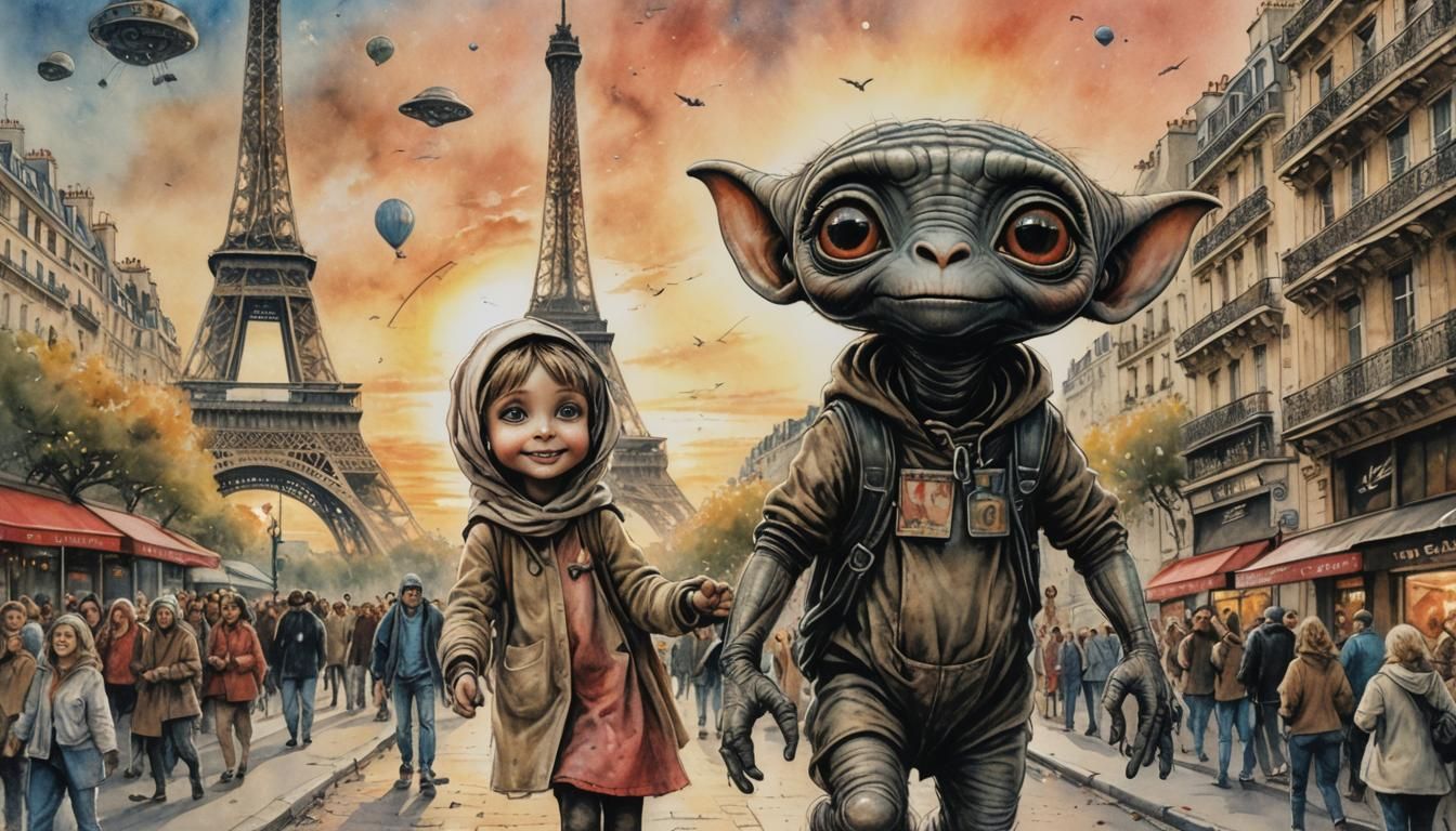 E.T. and Girl Walk Paris Street at Sunrise