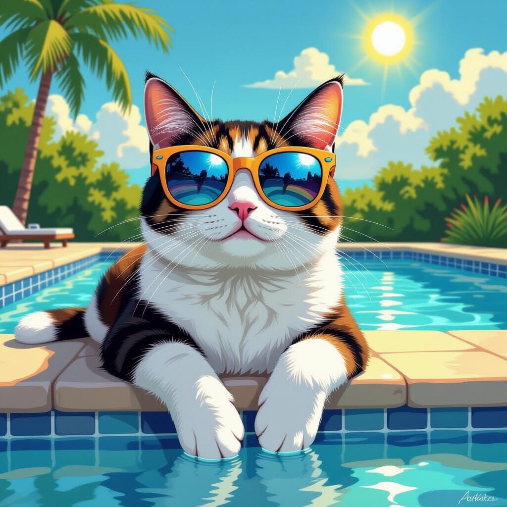 Cat Lounging Poolside in Sunglasses, Pop Surrealism Style