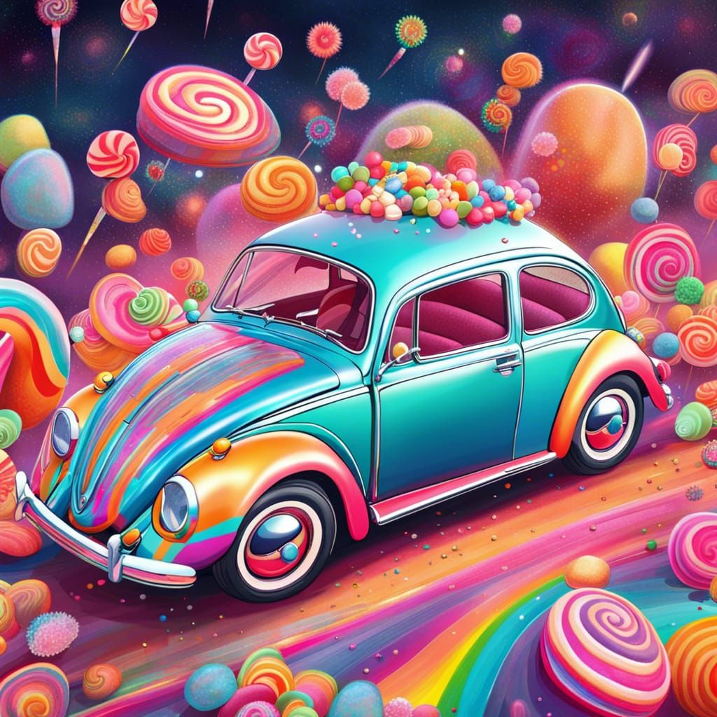 VW Beetle Drives Through a Sparkling Candy Universe