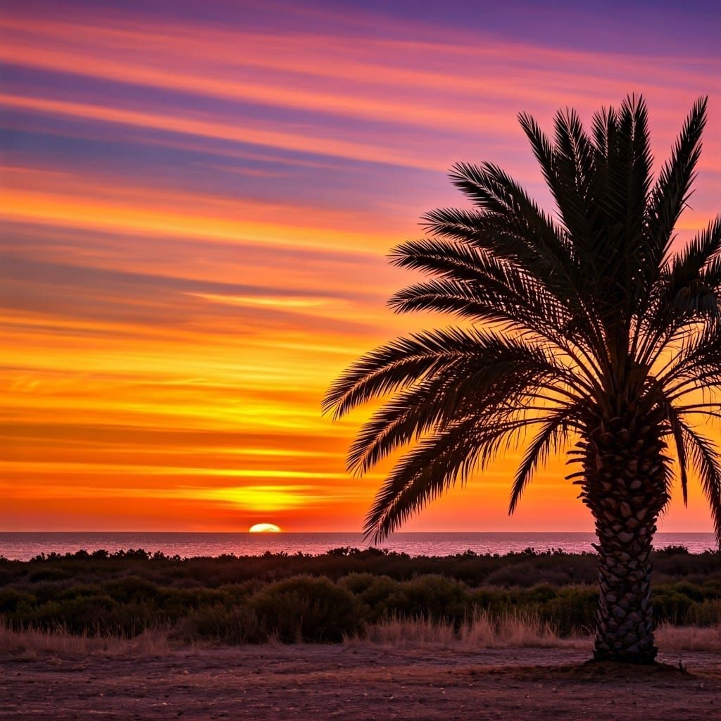 Vibrant Sunset with Majestic Palm Tree in Golden Glow