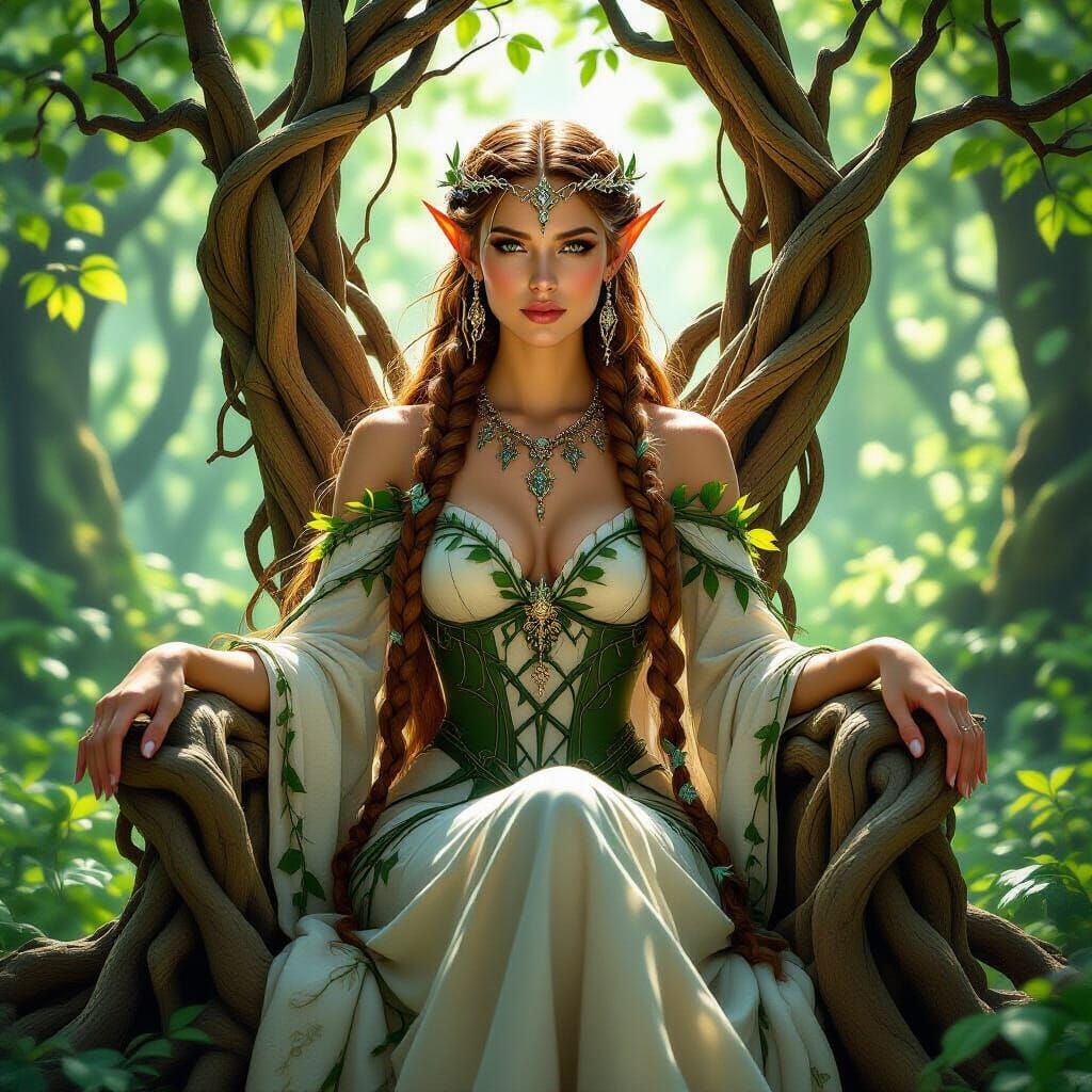Elven Queen on Root Throne in Photorealistic Style