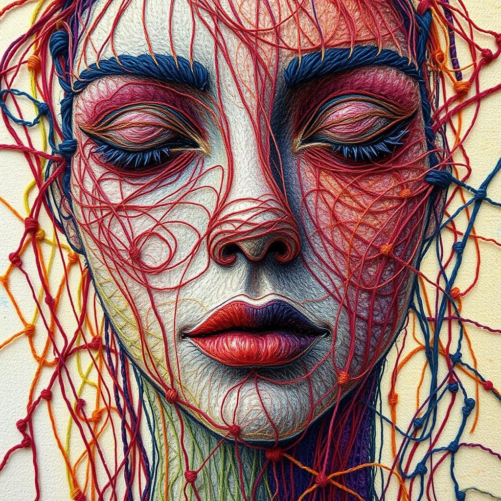 Intricate Threads Form a Serene Neo-Impressionist Portrait