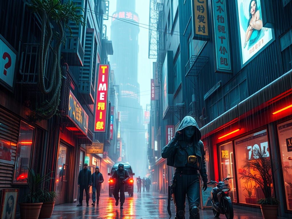 Cyberpunk Goddesses in Rain-Soaked Alleyway