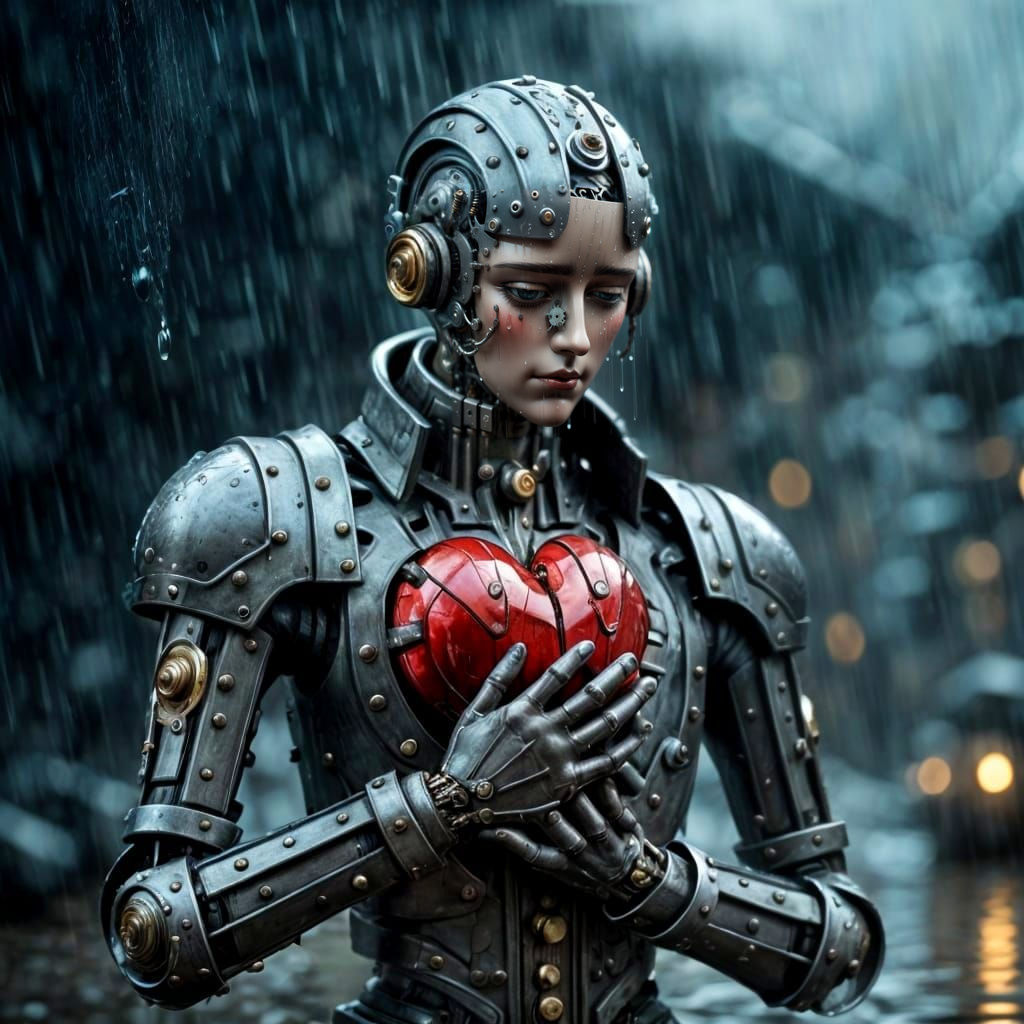 Sad Automaton in Rain Holding Mechanical Heart