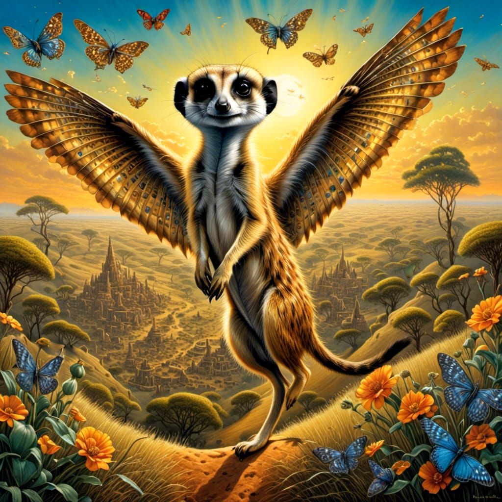 Winged Meerkat Flying Over African Savannah