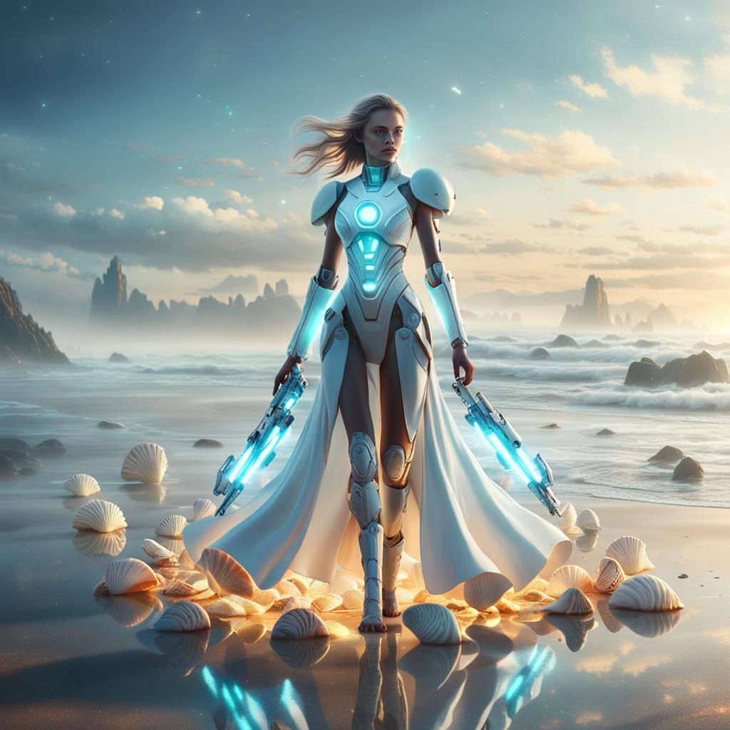 Girl Builds Mech From Seashells: Sci-Fi Digital Art