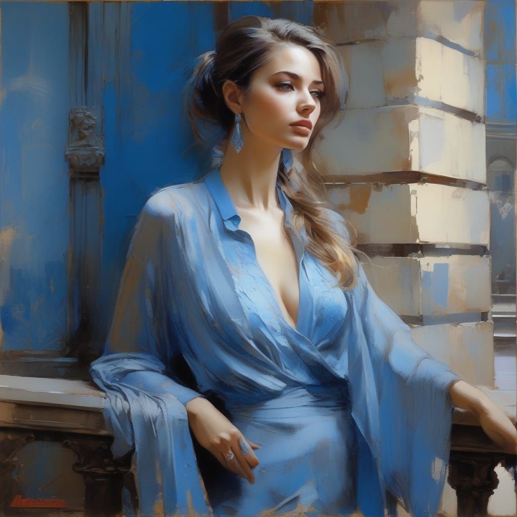 French Woman Portrait in Blue and Gray Palette