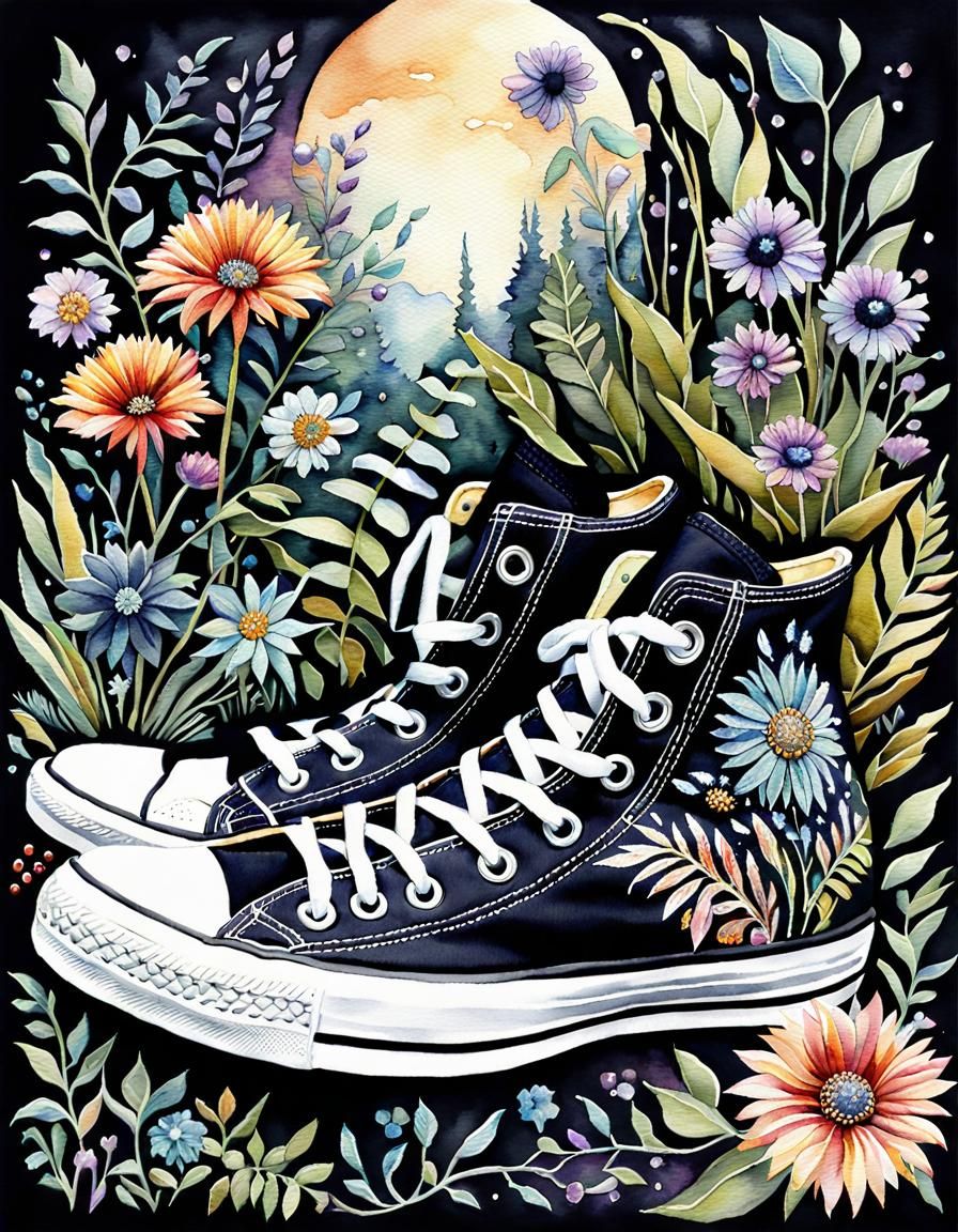 Steampunk Converse with Crystals and Flowers in Watercolor