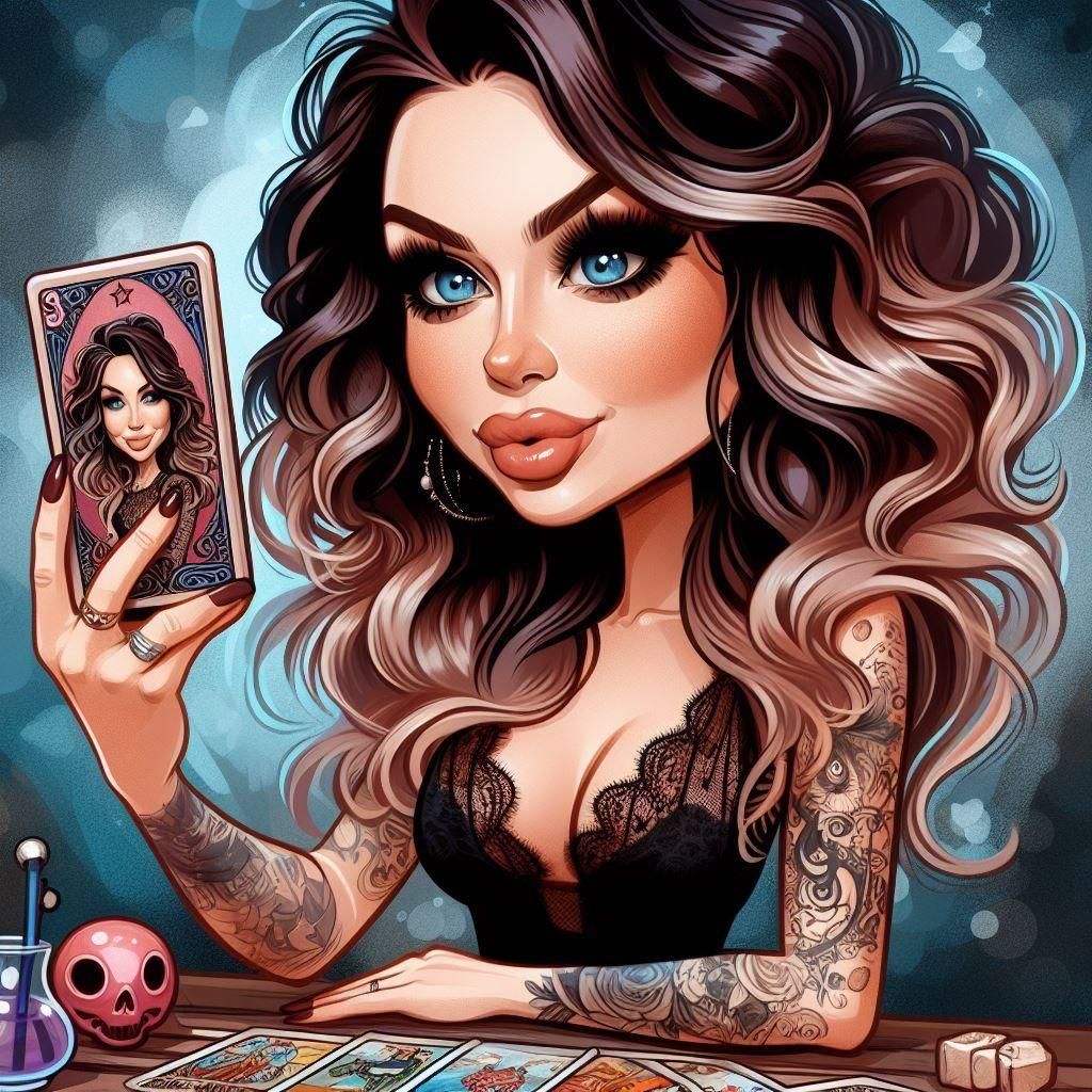 Curvy Woman with Tarot Cards: Caricature Selfie Illustration