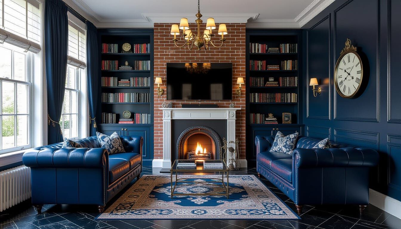 Victorian Living Room with Dark Blue and Brick Accents
